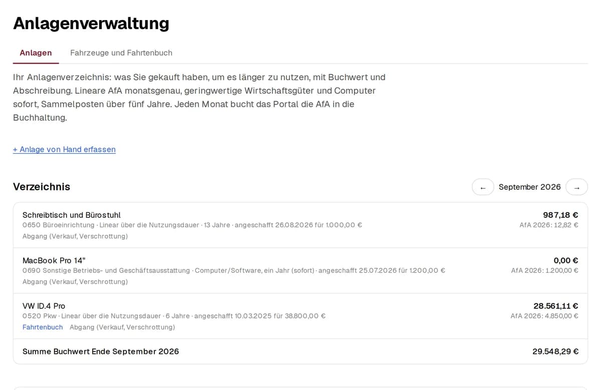 Anlagenverzeichnis mit Buchwerten und AfA