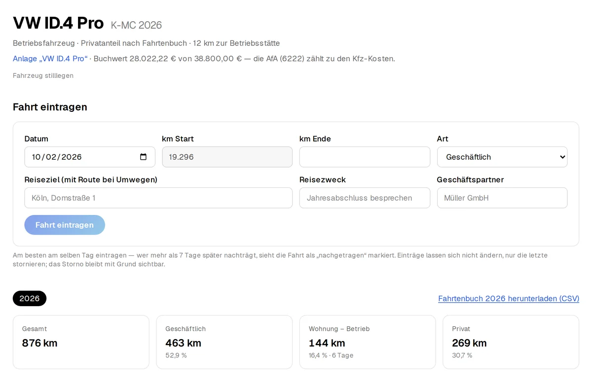 Fahrzeug mit Fahrtenbuch und Kilometerübersicht
