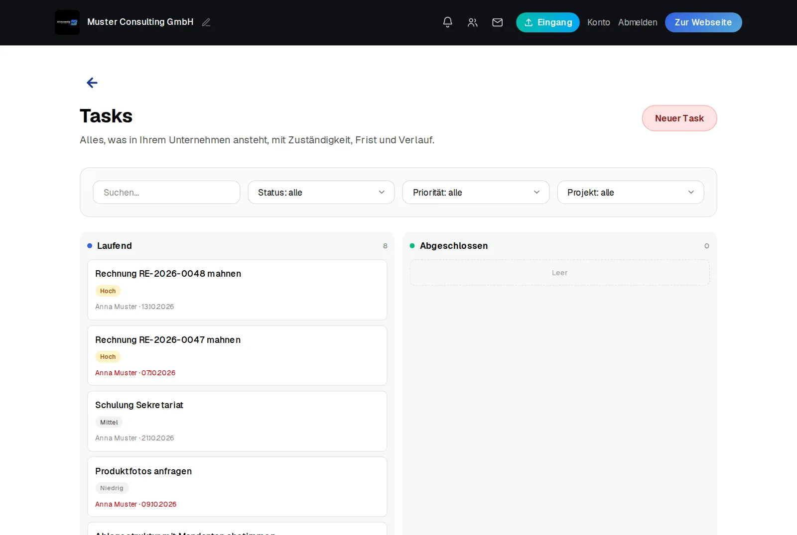 Tasks im Teamwork mit Priorität, Zuständigkeit und Frist